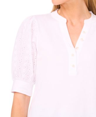 Women's Cotton Puffed-Sleeve Mixed-Media Top