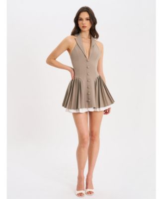 Women's Hazel Brown Preppy Halter Neck Pleated Mini Dress