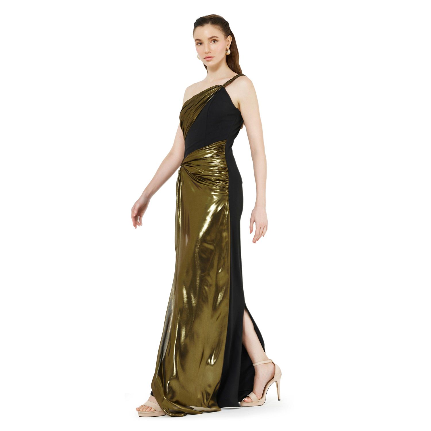 Women's Braided Strap One Shoulder Metallic Drape Dress