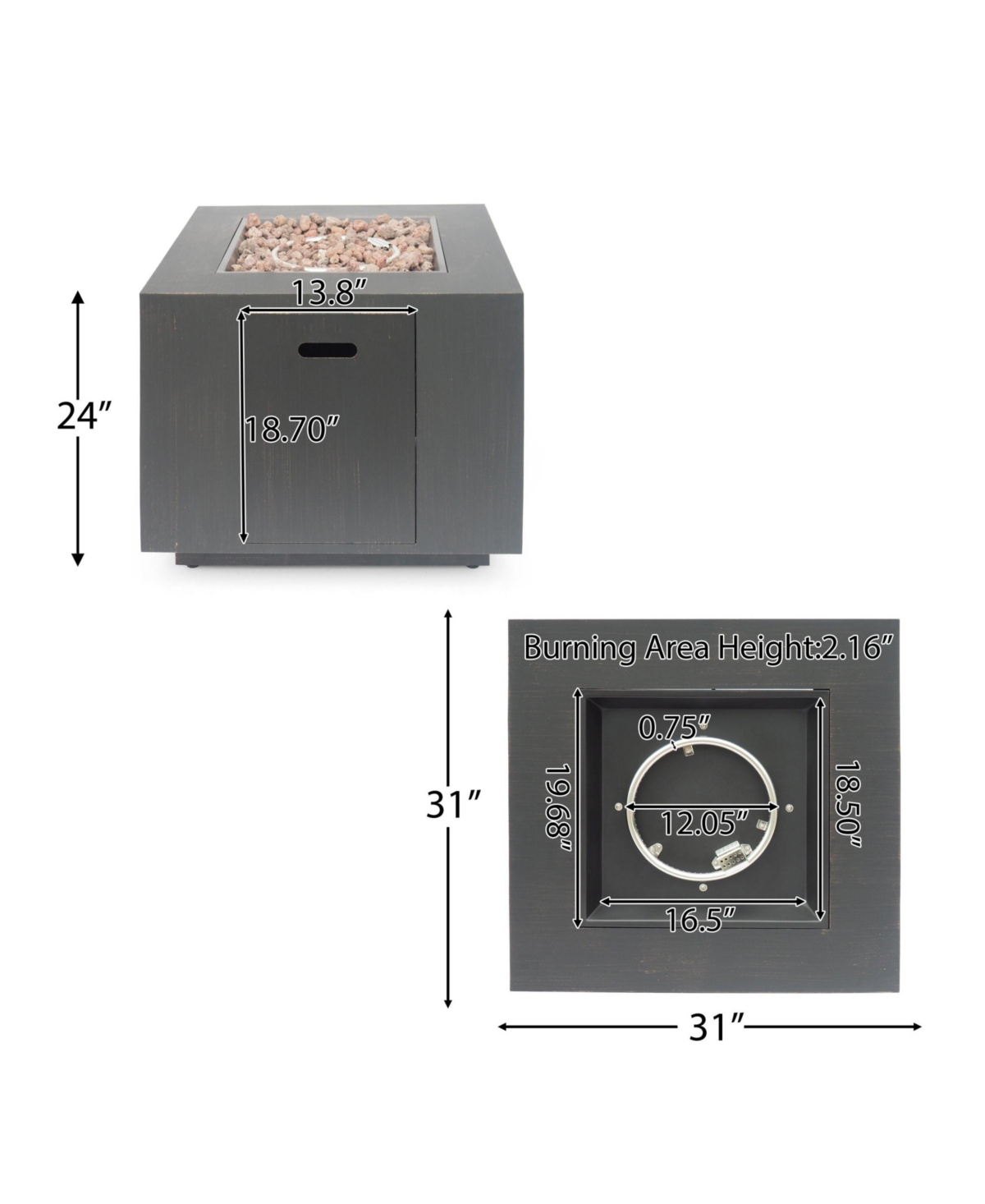 Flynama 33" Outdoor Iron Square Propane Fire Pit, Tank Inside, Brushed Brown