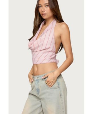 Women's Stripey Metallic Cowl Neck Halter Top