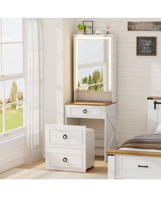 Small Vanity Desk with Mirror, Lights, Glass Top and Storage Stool