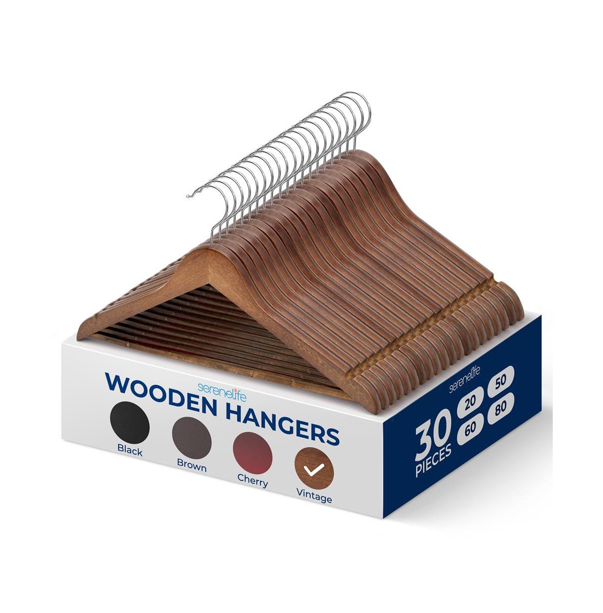 30-Pack Wooden Clothes Hangers &#x2013; Heavy-Duty with Non-Slip Notches, 360&#xB0; Swivel Hook & Pants Bar, Vintage Finish - Brown