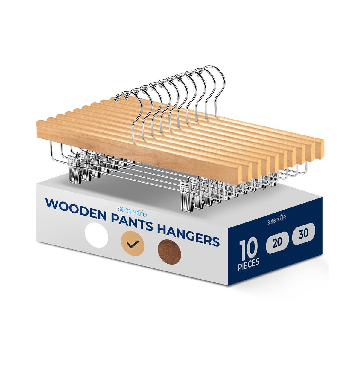 SereneLifen 10 Pcs. Premium Wooden Pants Hangers - Heavy Duty Hanger Set with Chrome 360&#xB0; Swivel Hook (Natural - Brown