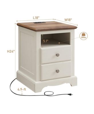 Nightstand 18 Inch with Charging Station,USB Ports,Antique White