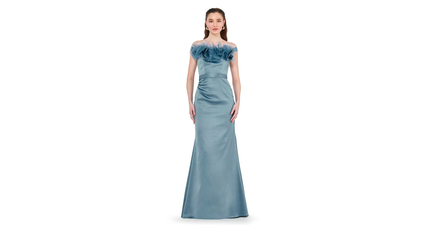 Women's Organza Floral Detail Pleated Satin Gown
