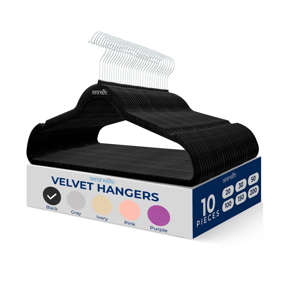 10 Pcs. Velvet Hangers - Non-Slip, Sturdy, and Heavy Duty Coat Set with 360&#xB0; Swivel Hook for Clothes (Black) - Black
