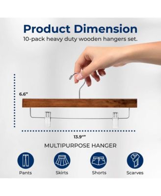 10 Pcs. Premium Wooden Pants Hangers - Heavy Duty Hanger Set with Chrome 360&amp;#xB0; Swivel Hook (Retro)