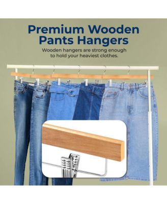 20 Pcs. Premium Wooden Pants Hangers - Heavy Duty Hanger Set with Chrome 360&amp;#xB0; Swivel Hook (Natural)
