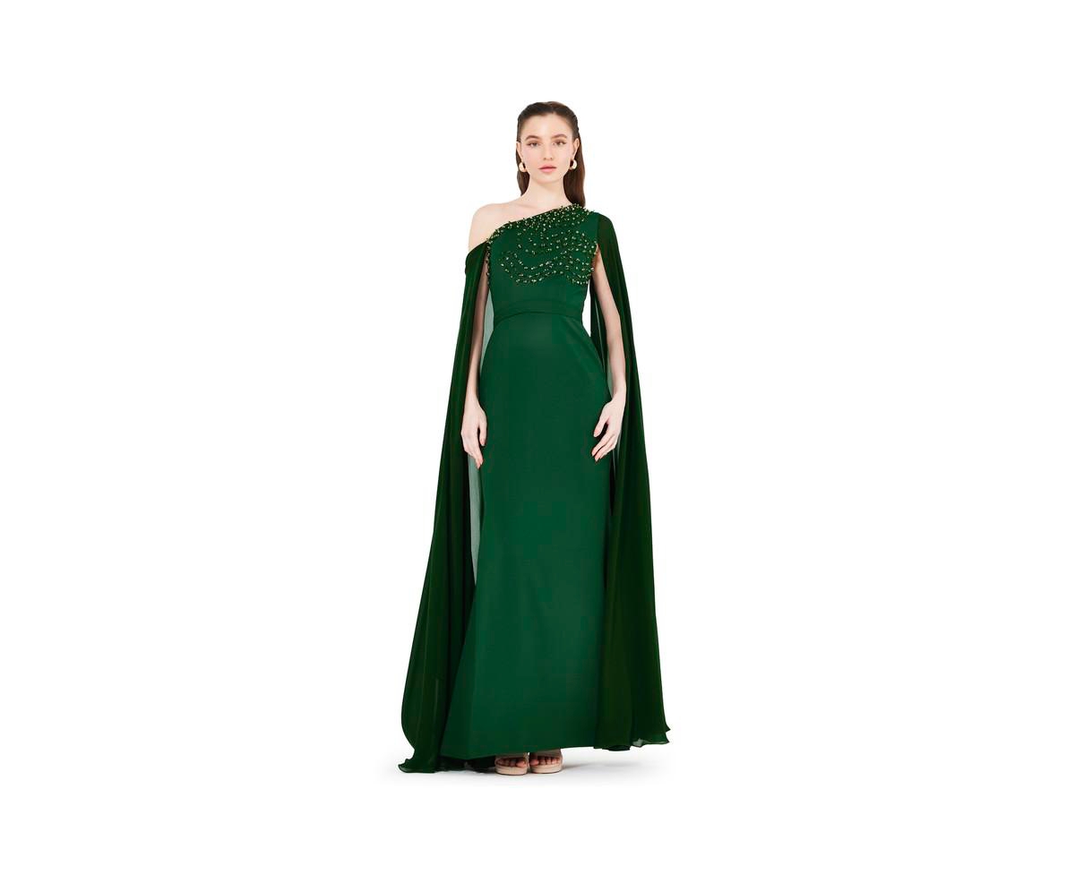 Women's Asymmetric Hand Embellished Cape Sleeve Gown - Green