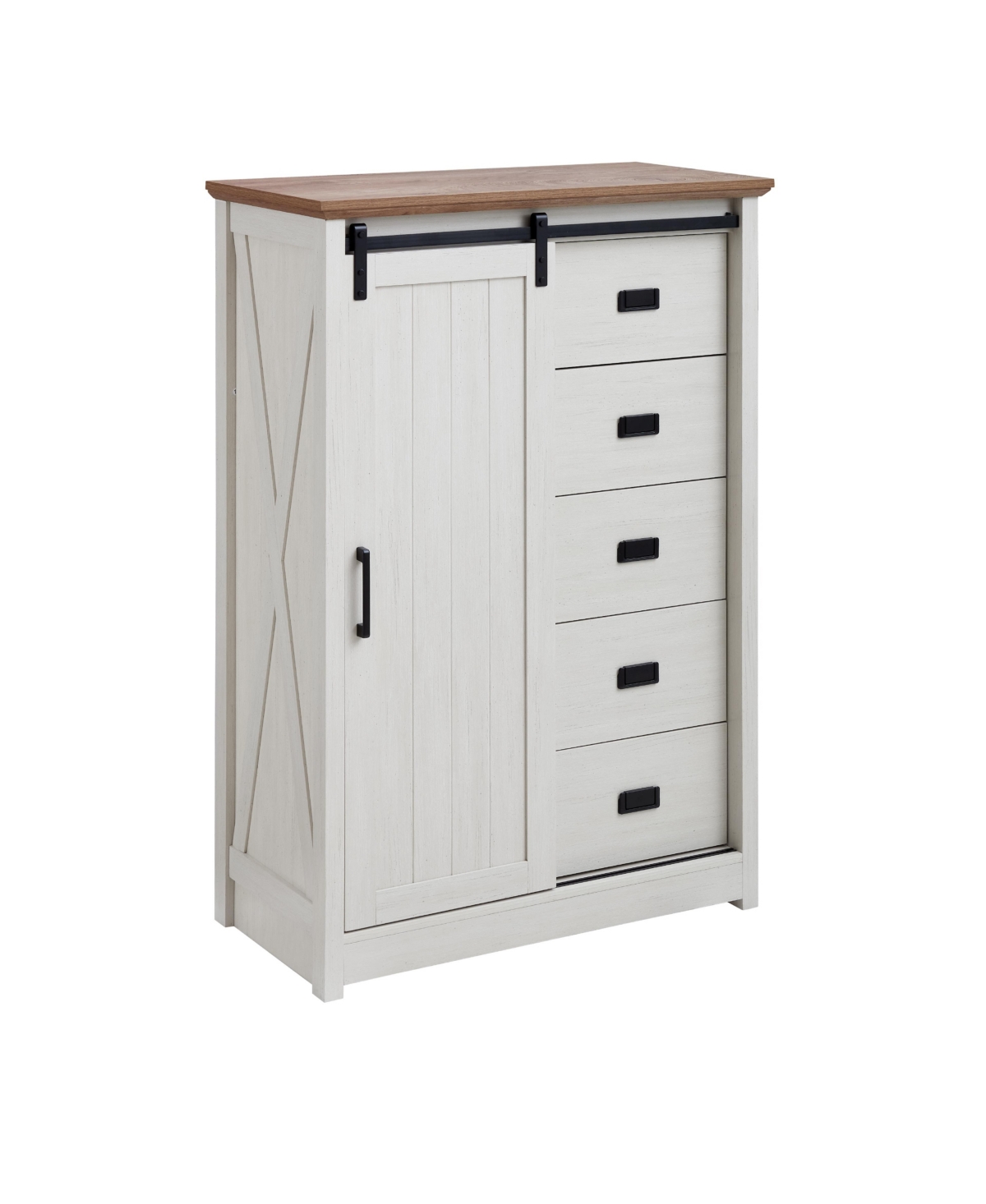 Farmhouse Modern Bathroom Cabinet 5 Chest of Drawers with Sliding Barn Door - White