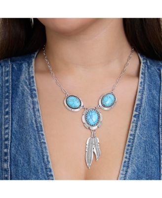 Turquoise & Feather Pendant Necklace in Antique Silver