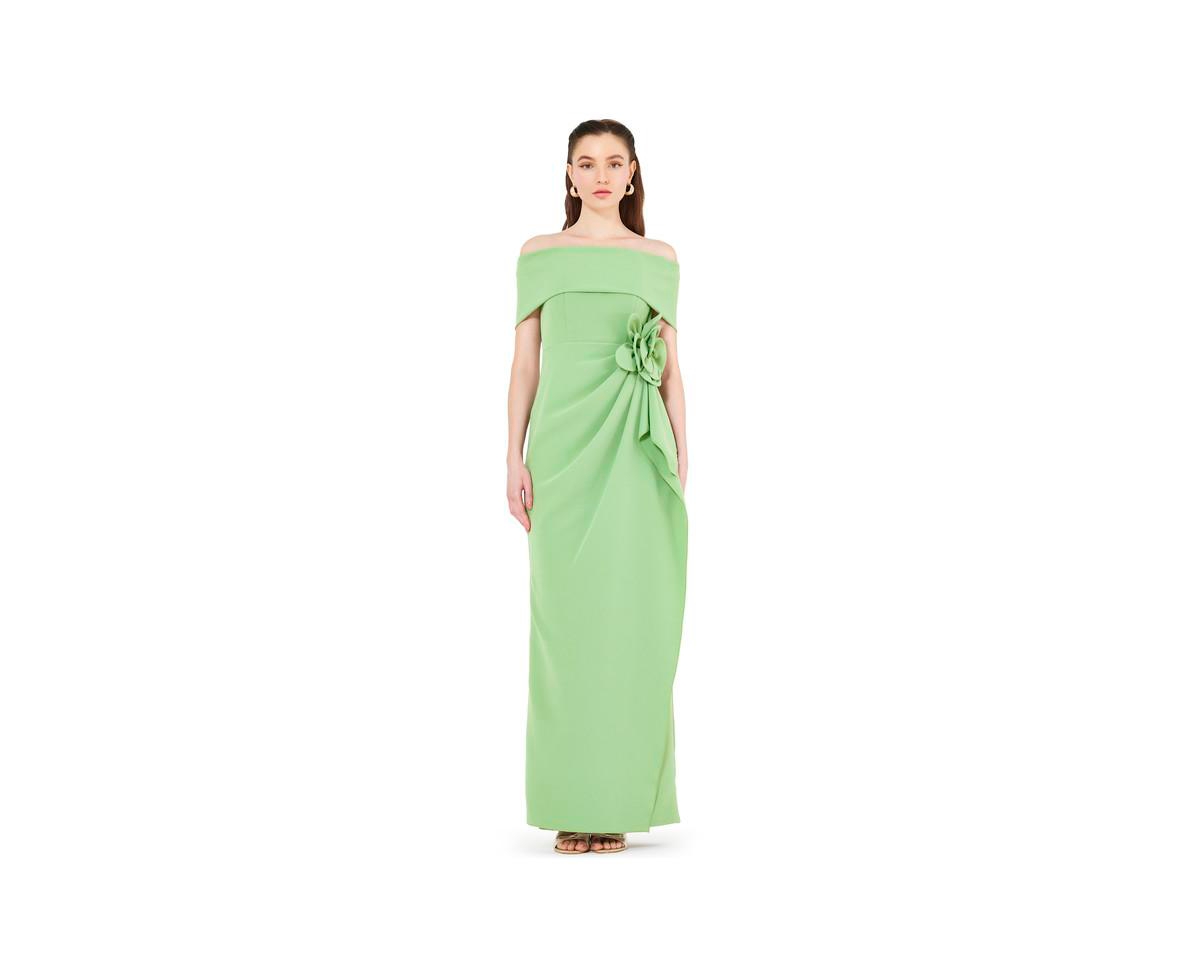 Bardot Neckline Floral Applique Pleated Gown - Green