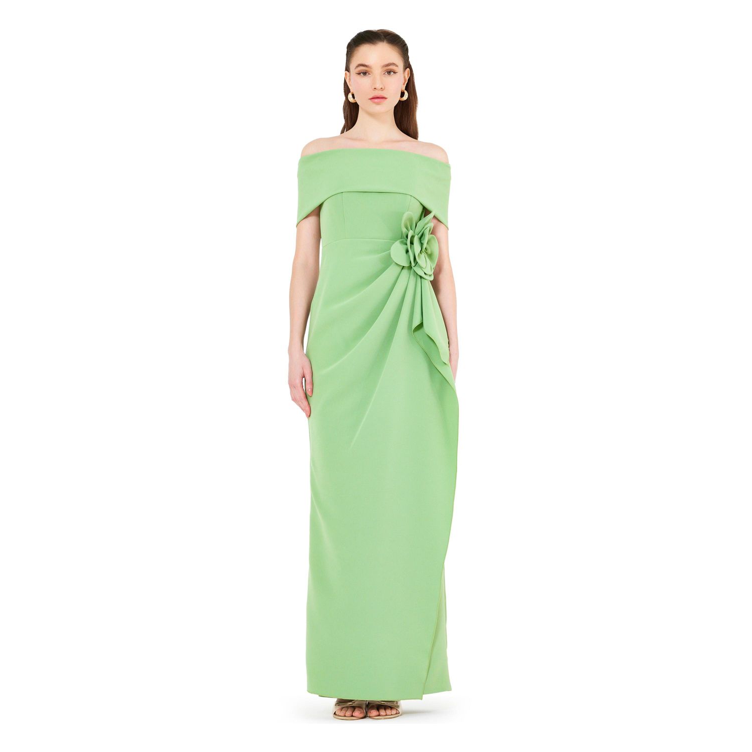 Bardot Neckline Floral Applique Pleated Gown