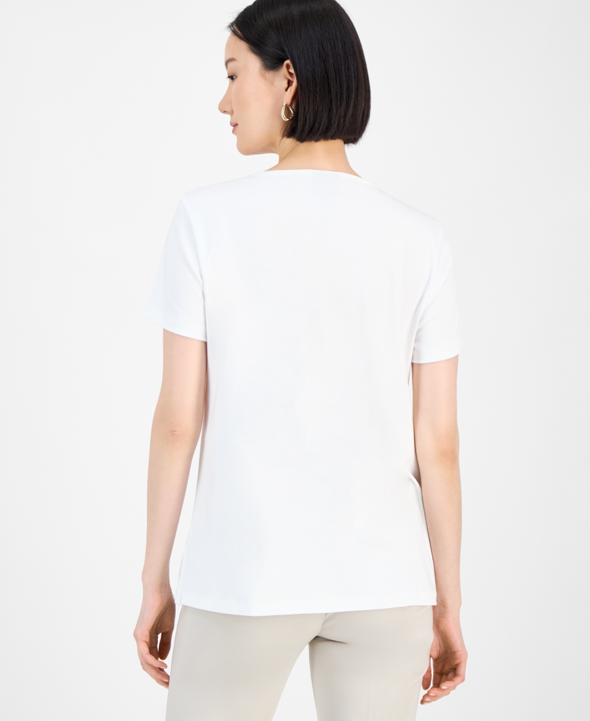 Jm Collection Women's Cotton Beaded-neck T-shirt, Exclusively At Macy's In White