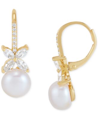 Cultured Freshwater Pearl (7mm) & Lab Grown White Sapphire (1 ct. t.w.) Leverback Drop Earrings in 14k Gold-Plated Sterling Silver