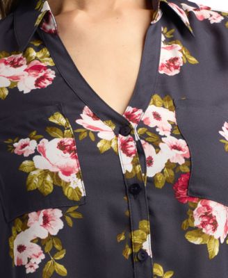 Juniors' 3/4-Sleeve Printed Button-Front Blouse 