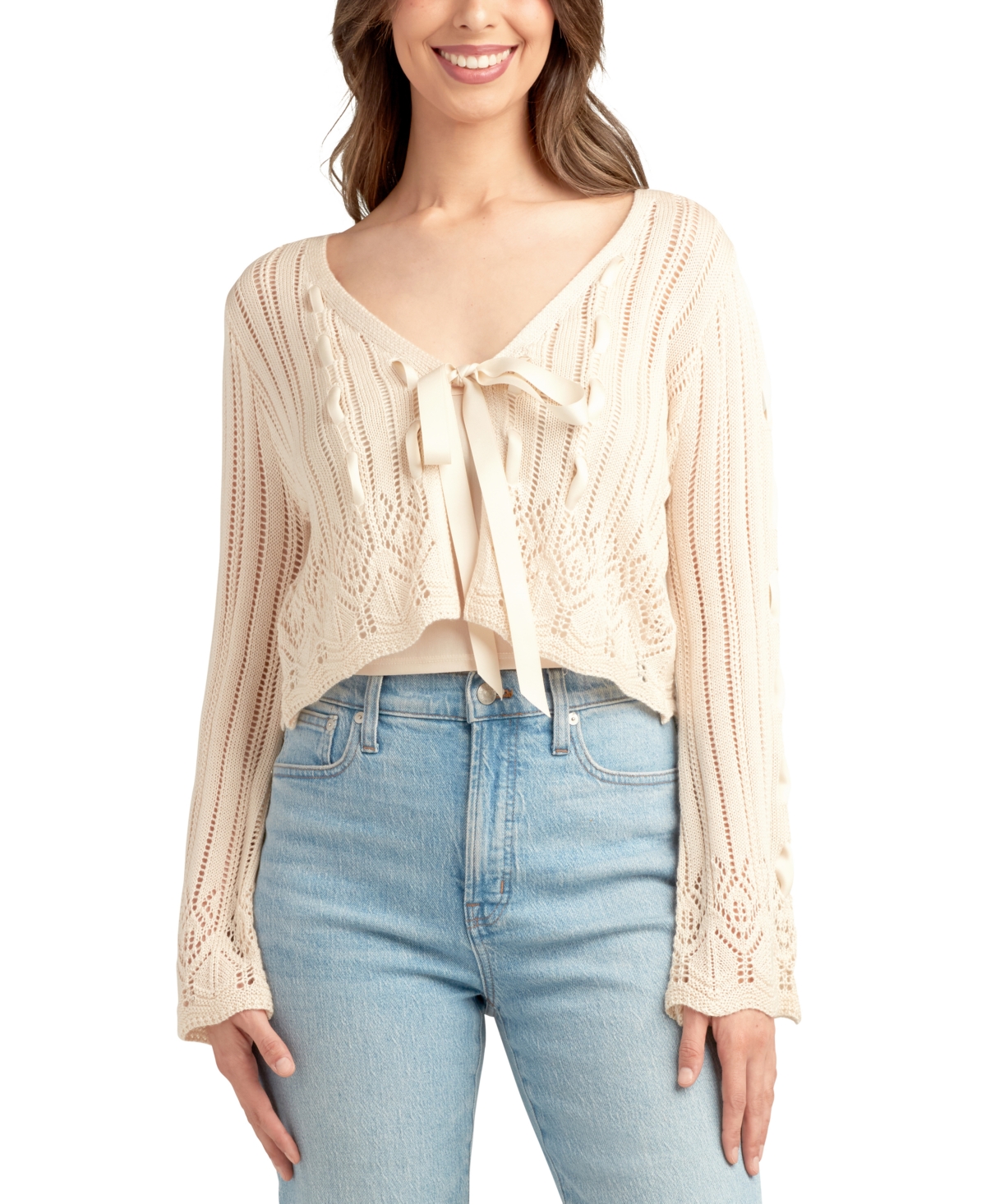 Juniors' Tied Ribbon Knit Cardigan - Ivory