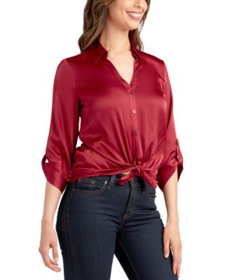 Juniors' 3/4-Sleeve Tie-Front Satin Top