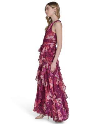 Petite Printed Chiffon Ruffled-Skirt Halter Gown