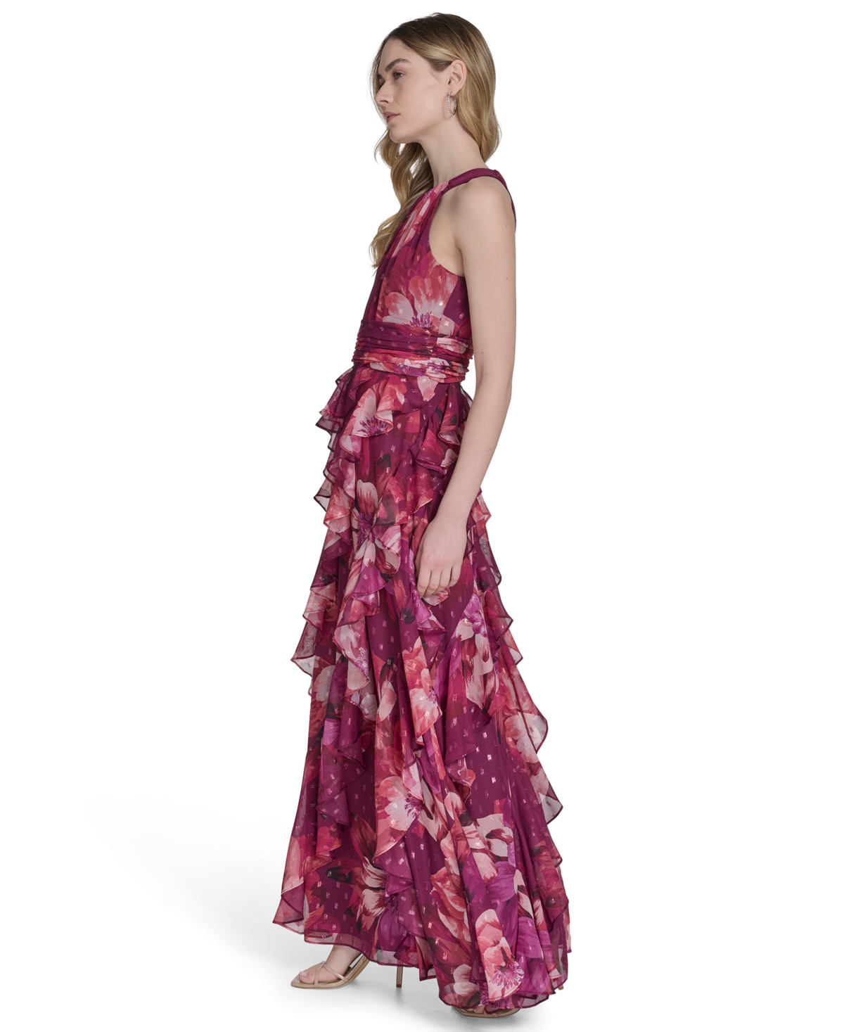 Eliza J Women's Printed Sleeveless Halter Gown In Burgundy