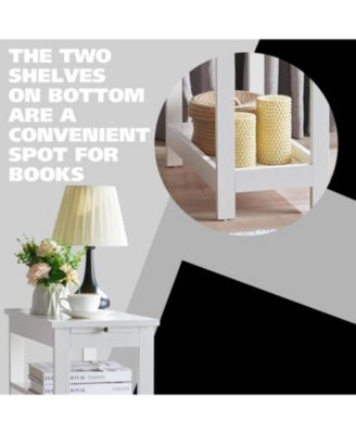 Slim Wood Side End Table with Storage Shelves & Pull-Out Tray, Nightstand for Bedroom, Living Room