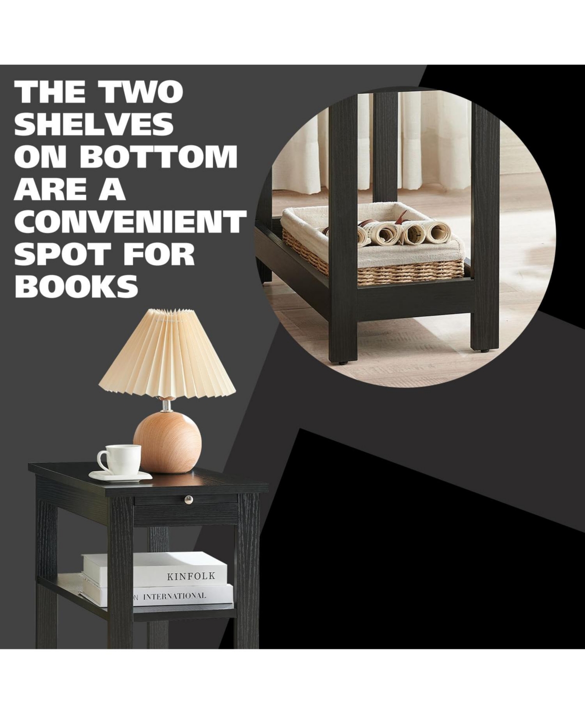 Kings Brand Furniture Slim Wood Side End Table with Storage Shelves & Pull-Out Tray, Nightstand for Bedroom, Living Room