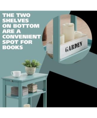 Slim Wood Side End Table with Storage Shelves & Pull-Out Tray, Nightstand for Bedroom, Living Room