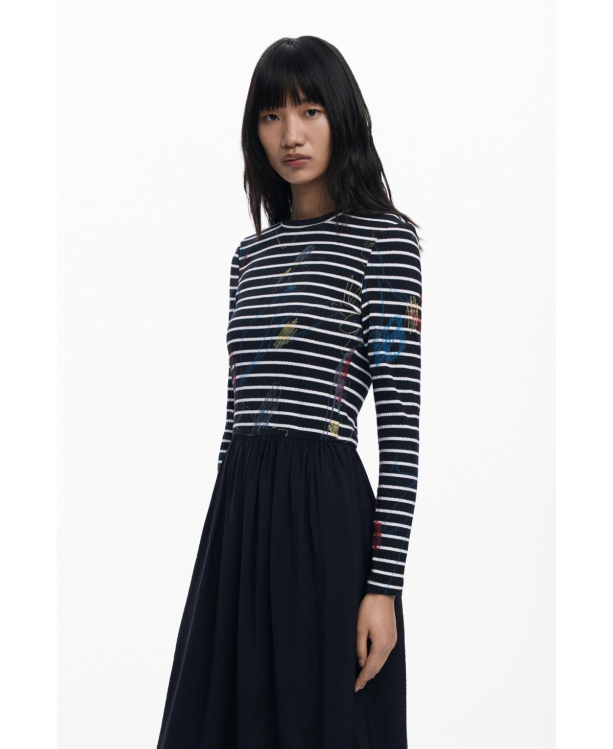 Desigual Long Sleeve Mixed Media Midi Dress In Black