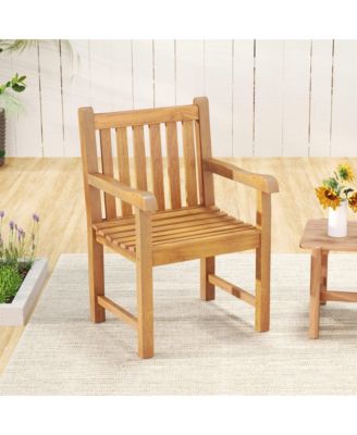 4 PCS Teak Wood Patio Dining Chair Outdoor Armchair w/ Slatted Seat & Solid Legs