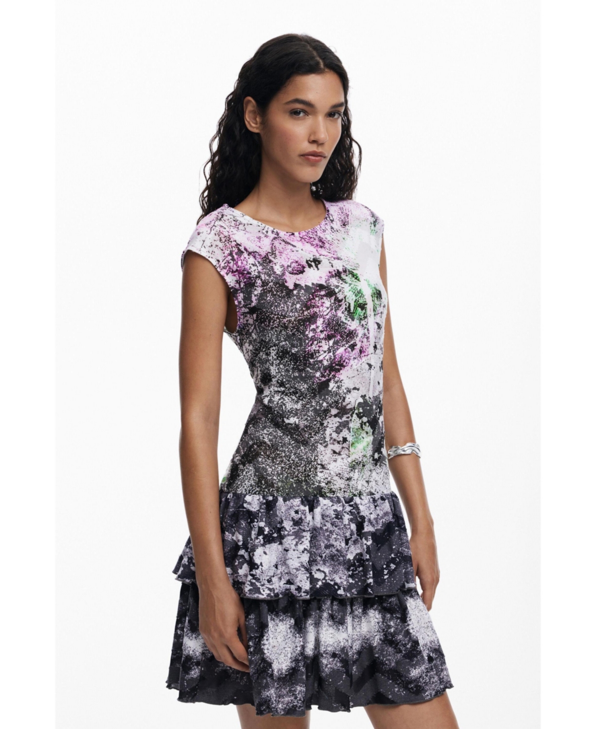 Desigual Mixed Print Tiered Dress In Multi
