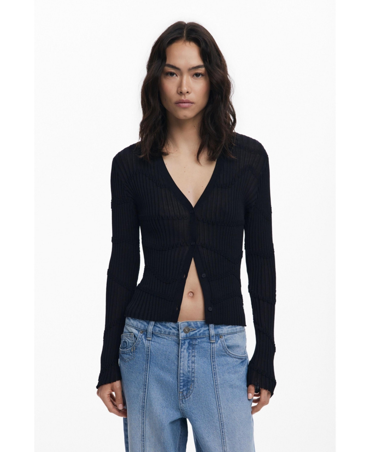 Desigual Thin Gauge V-neck Cardigan In Black
