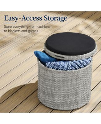 Round Wicker Ottoman, Multipurpose Furniture w/ Removable Cushion, Steel Frame