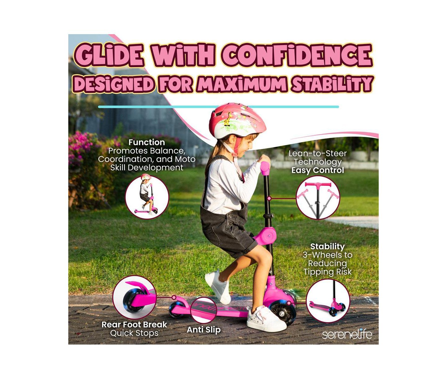Детская игрушка SereneLife 3-Wheel Foldable Kids Scooter with Built-in LED Wheel Lights & Foldable Seat, 110 lbs. Capacity, Ages 3+, цвет: Розовый — фото 3