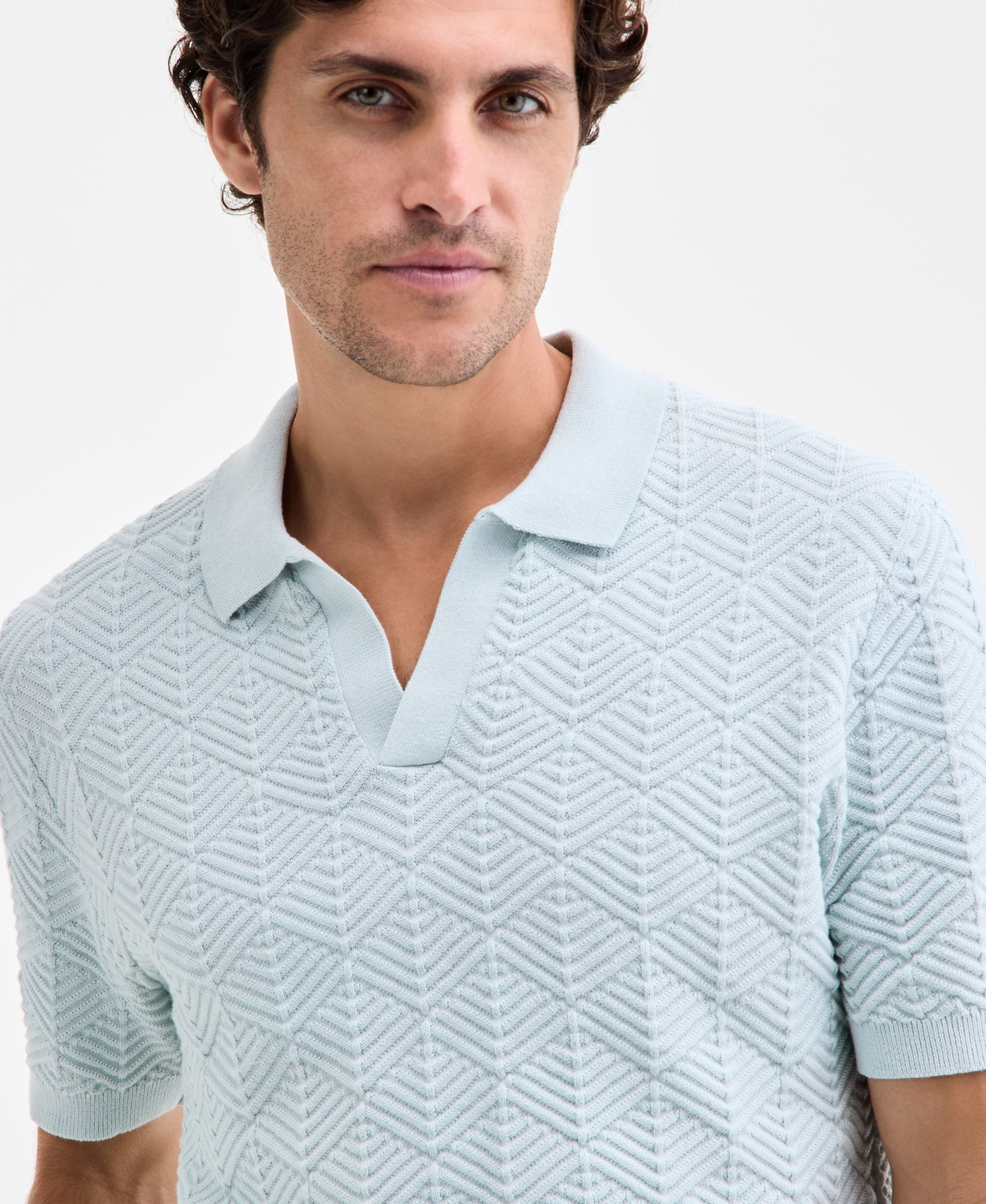 Alfani Men's Johnny-collar Ribbed Geo Polo Shirt, Macy's Exclusive In Blue
