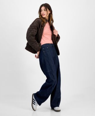 Juniors' Quilted Corduroy Zip-Front Coat