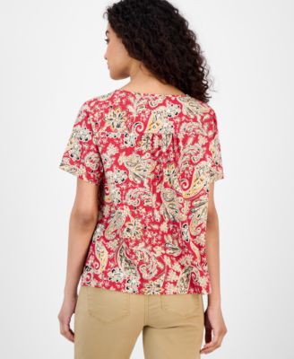 Women's Paisley-Print Tie-Neck Top