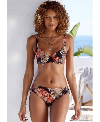 Women's Palm Print Mid Rise Bikini Swimsuit Bottom cup sizing