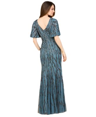 Beaded Gown with Flutter Sleeves