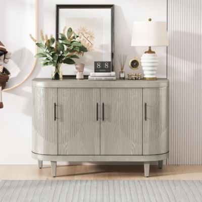 Modern Curved Storage Cabinet Wooden Console Table Coffee Bar Cabinet with 4 Doors and Adjustable Interior Shelves