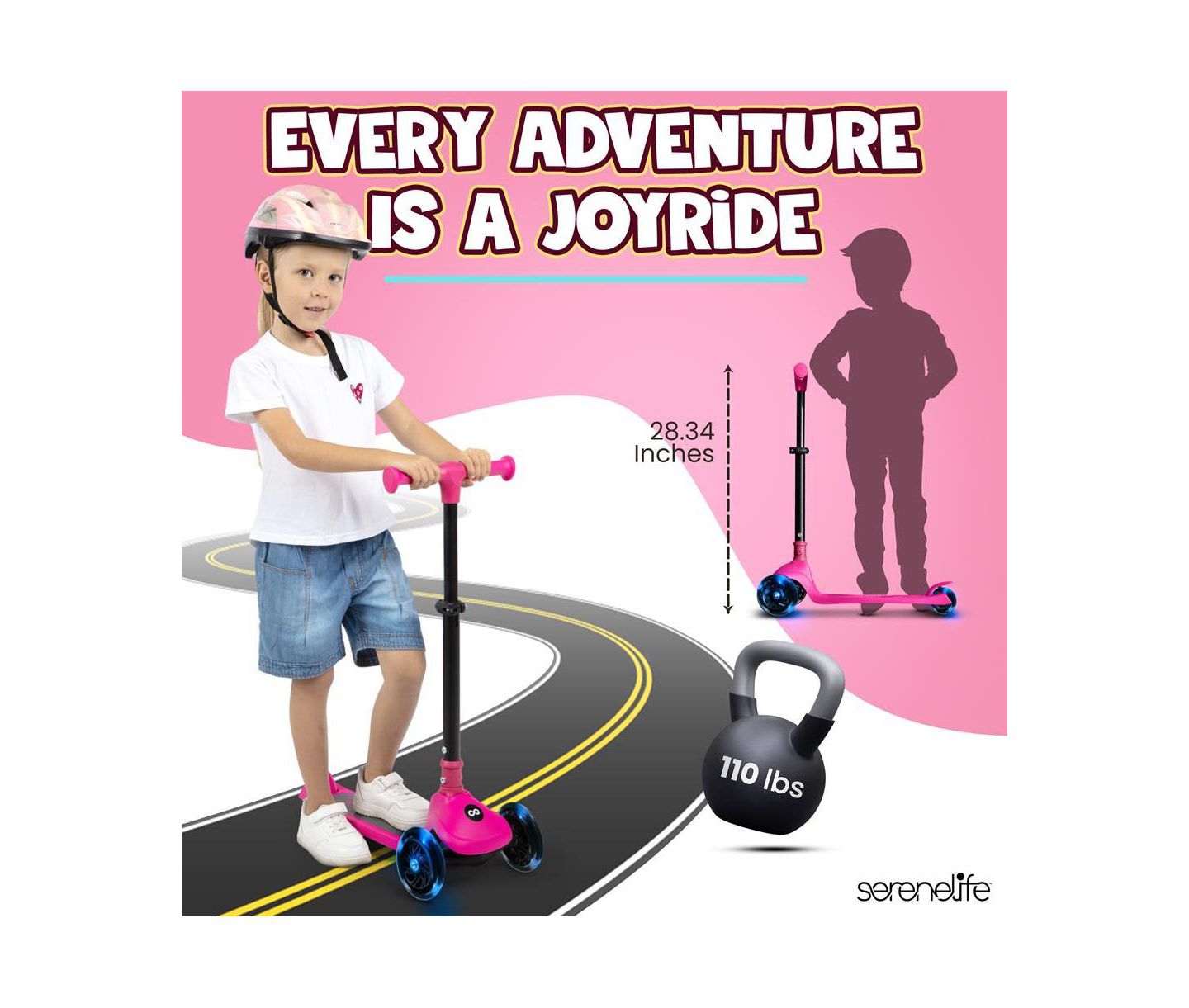 Детская игрушка SereneLife 3-Wheel Foldable Kids Scooter with LED Wheel Lights, Ages 2+, цвет: Розовый — фото 2
