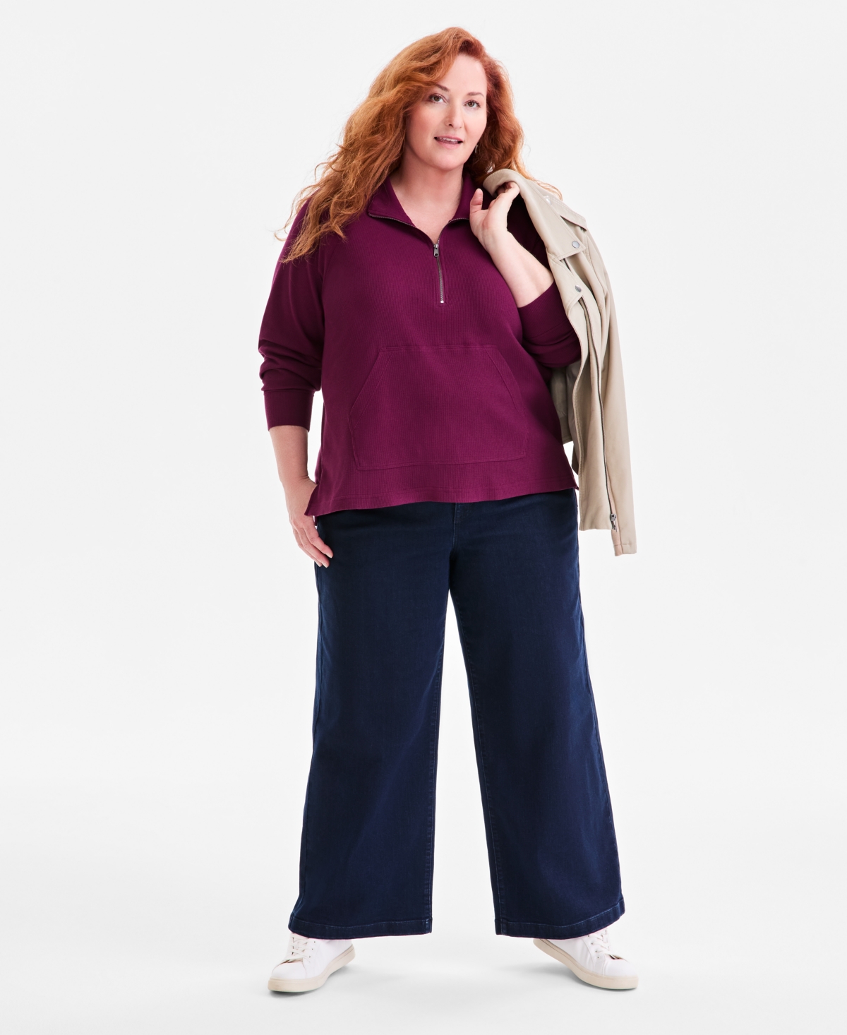 Style & Co Plus Size Waffle-knit Half-zip Top, Macy's Exclusive In Burgundy