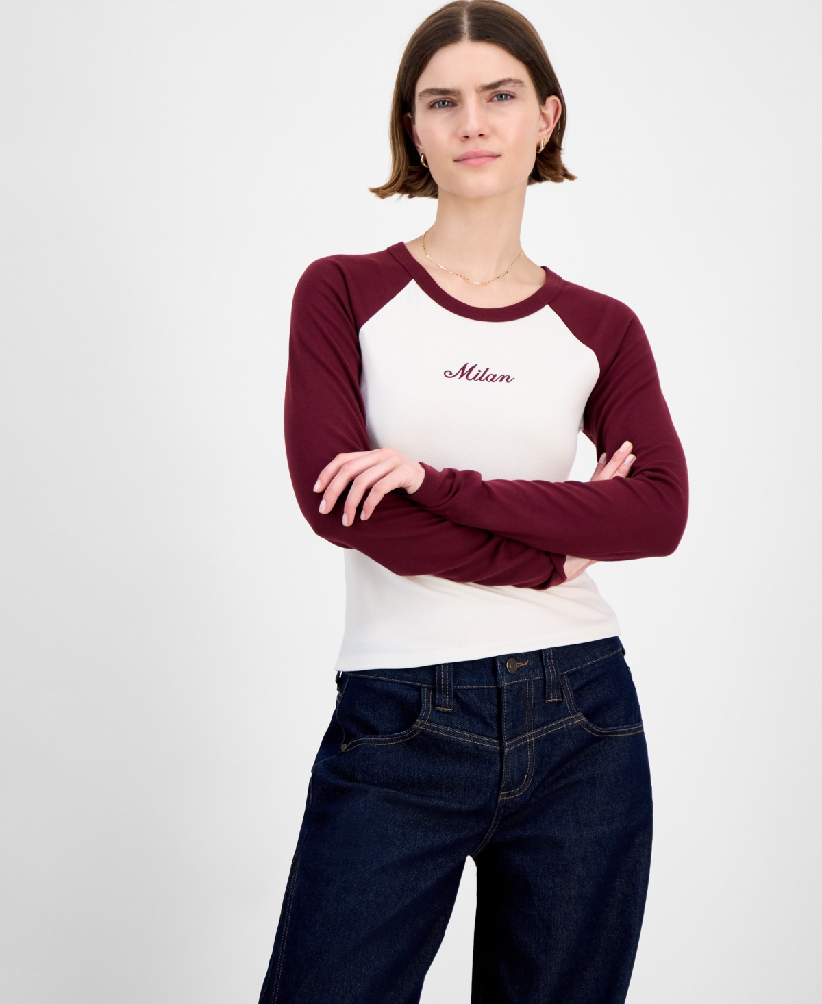 Hippie Rose Juniors' Crewneck Raglan Long-sleeve T-shirt