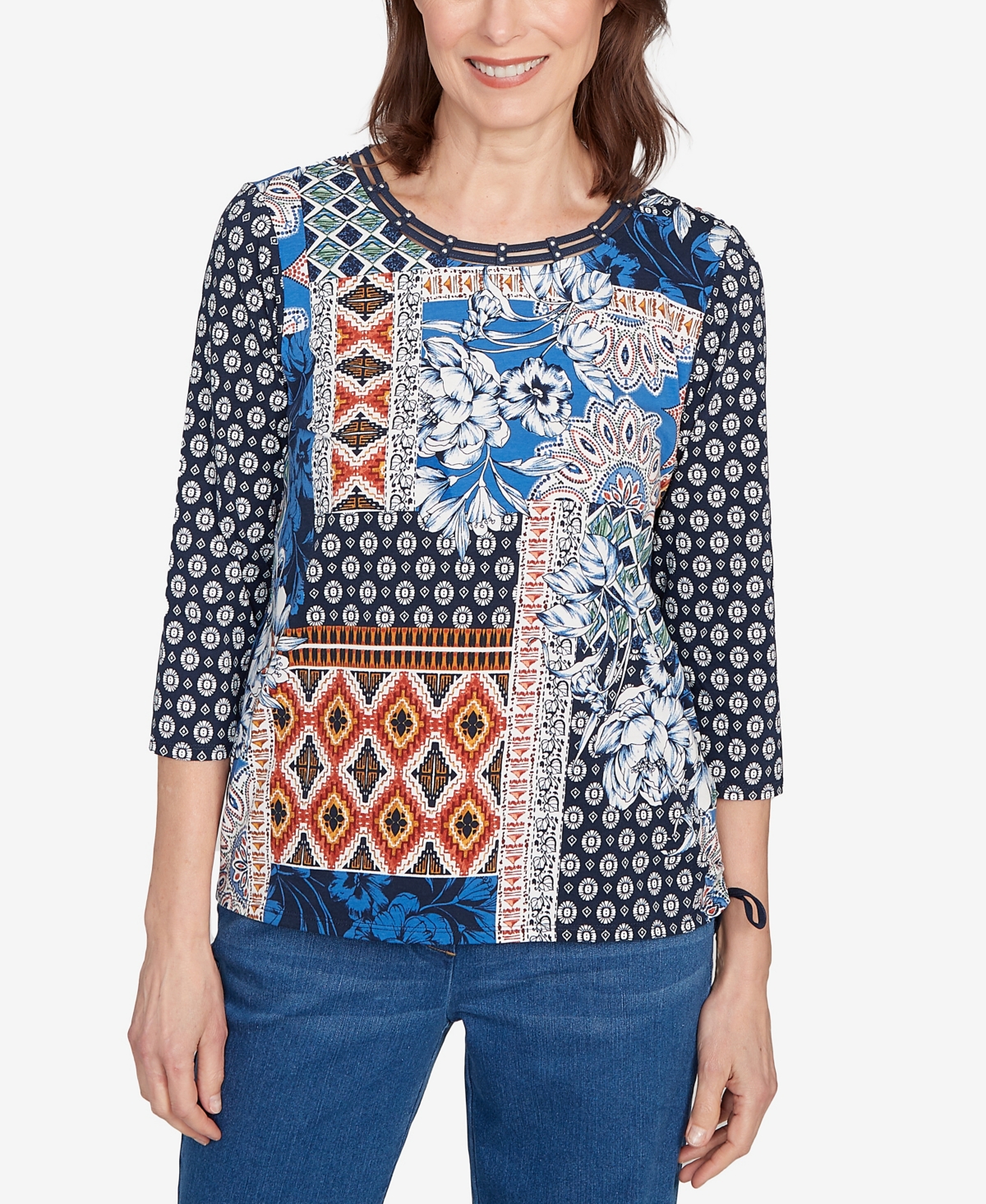 Women's Batik Patchwork Drawstring Crew Neck Top - Denim