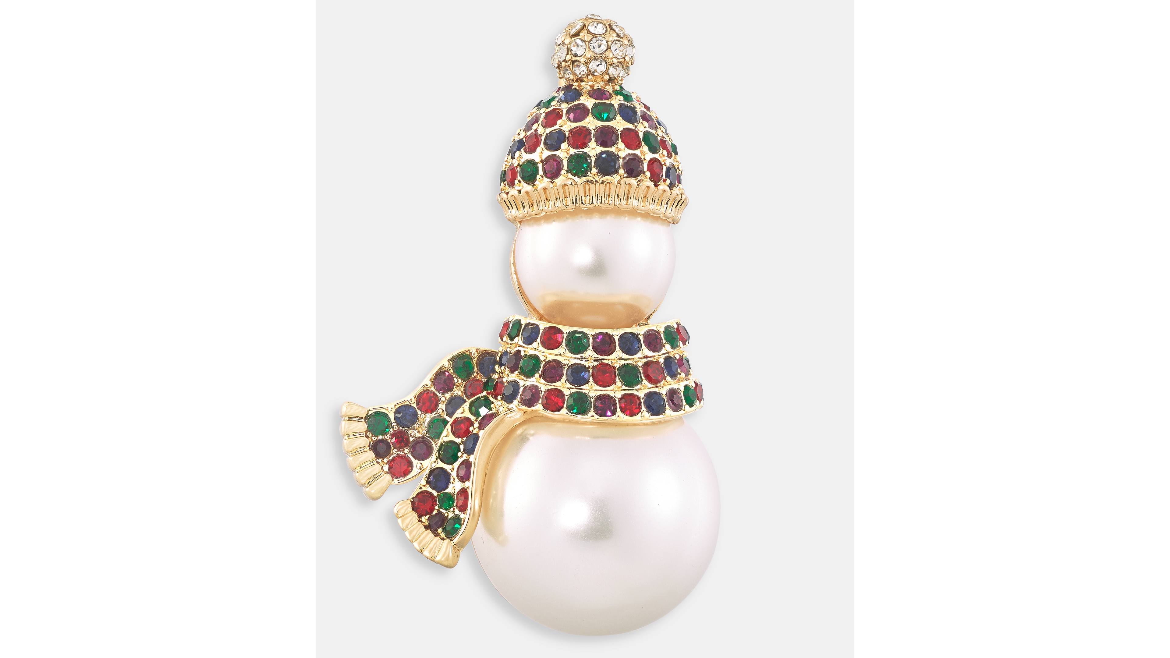 Gold-Tone Imitation Pearl Snowman Multicolor Crystal Pin