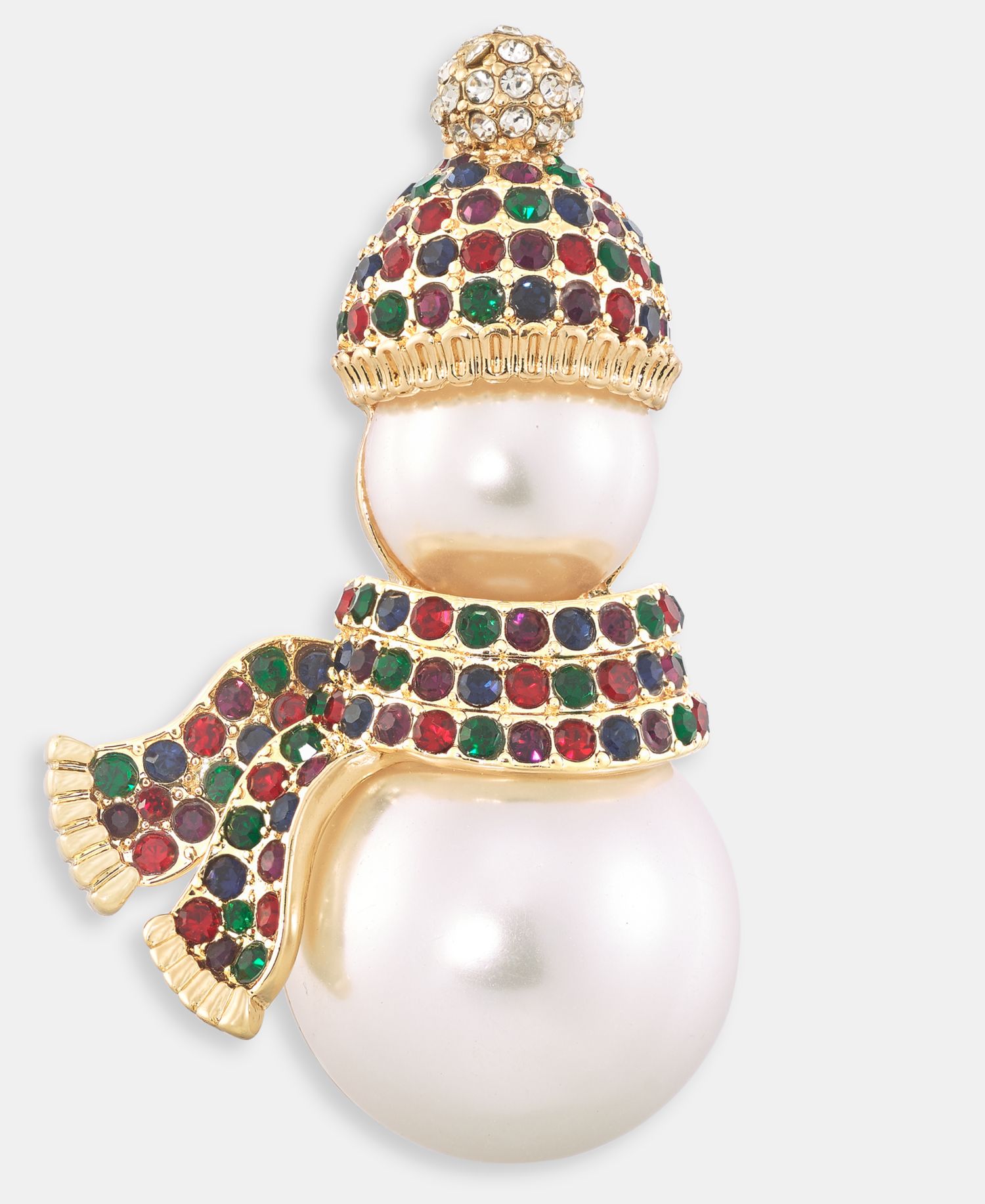 Gold-Tone Imitation Pearl Snowman Multicolor Crystal Pin