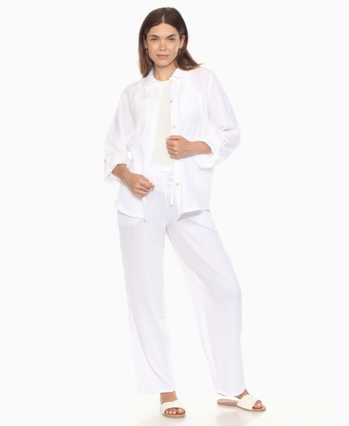 White Mark Women's Long Sleeve Button Down Cotton Gauze Set In White