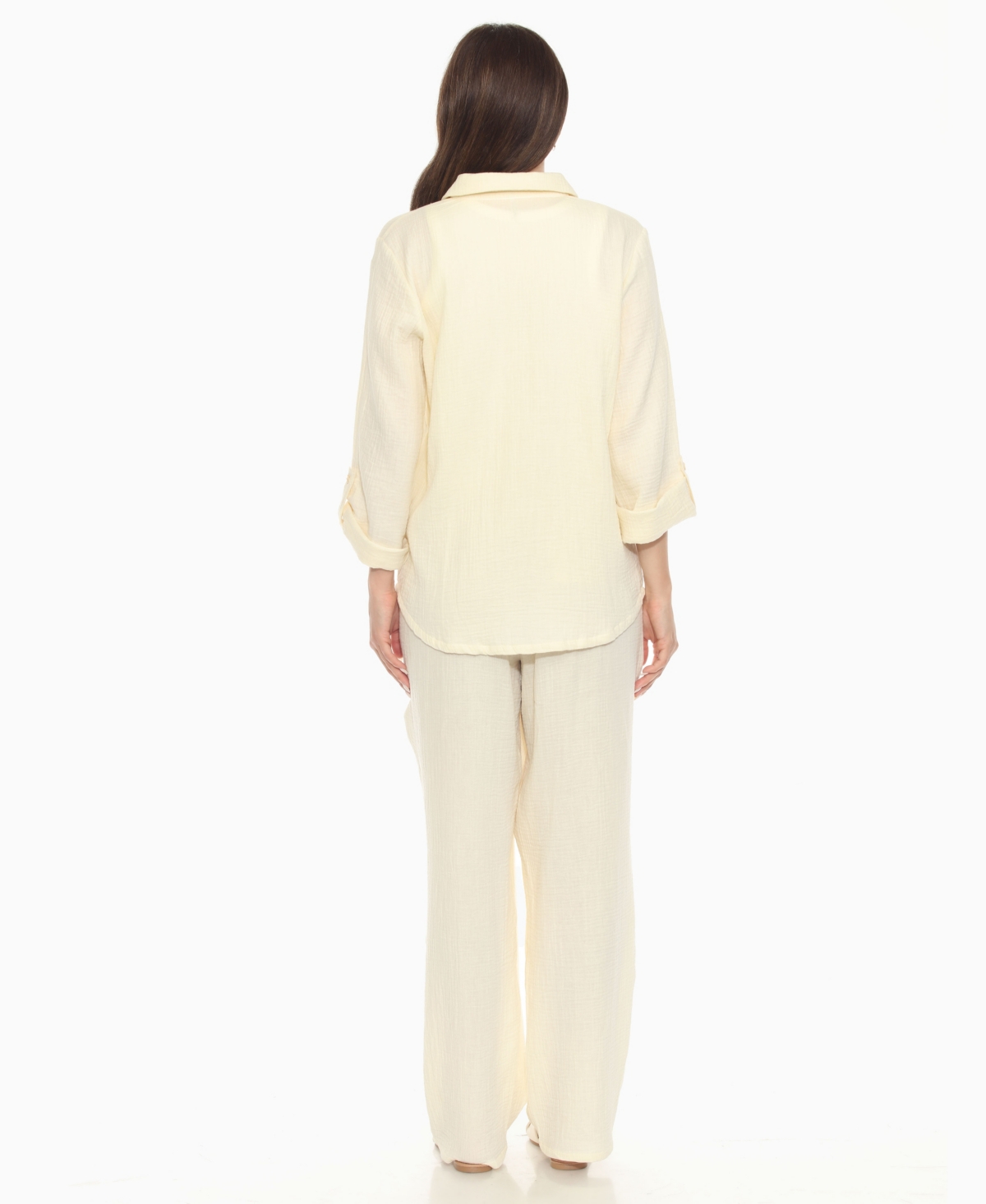 White Mark Women's Long Sleeve Button Down Cotton Gauze Set In Neutral