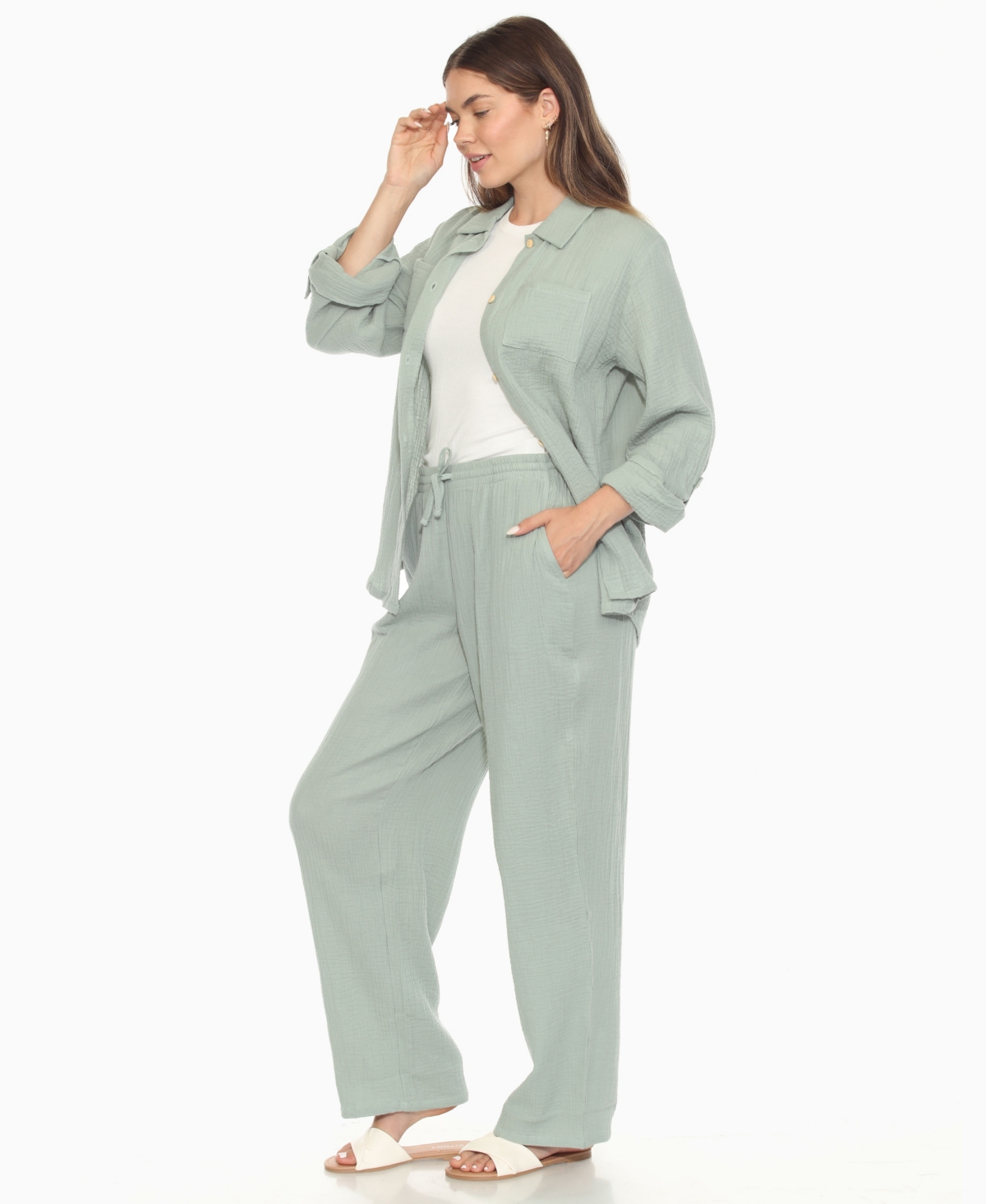 White Mark Women's Long Sleeve Button Down Cotton Gauze Set In Green