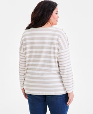 Plus Size Button-Trim Striped Knit Top, Macy's Exclusive